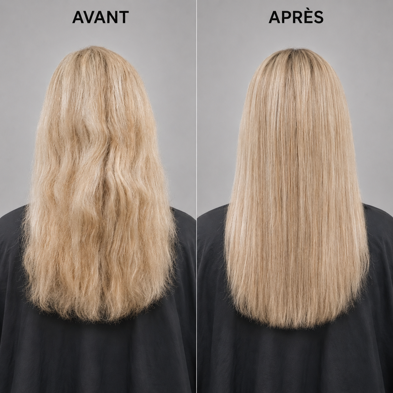 Side-by-side before and after comparison of a person's long blonde hair, showing frizzy, wavy hair on the left labeled 'AVANT' and smoother, straighter hair on the right labeled 'APRÈS'.