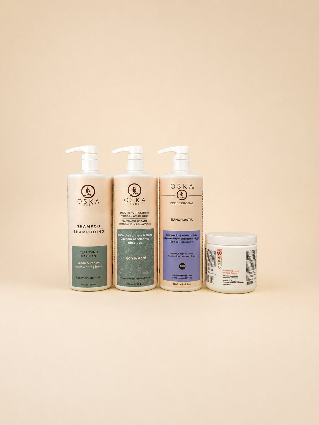 Four Oska haircare products arranged on a warm beige background: a pump bottle of clarifying shampoo, a pump bottle of Keratin Protein Smoothing Treatment, a pump bottle of Nanoplastia, and a jar of Smoothing Mask. Complete kit for a Pro Smoothing service tailored to pro stylists and salons.