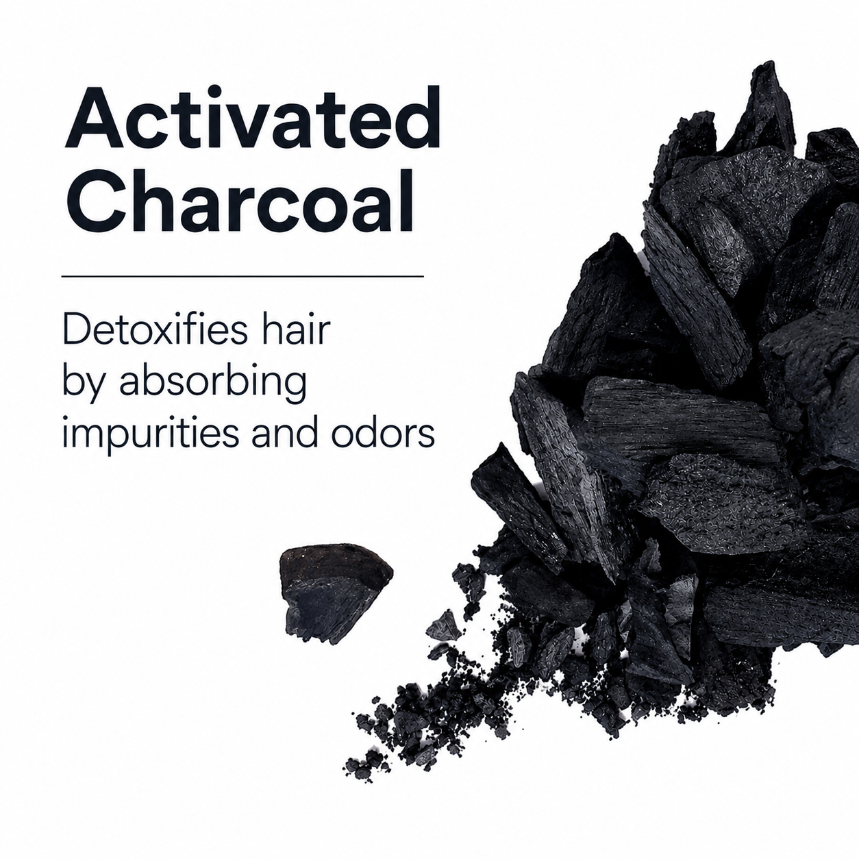 Activated charcoal with text explaining its detoxifying properties on a white background