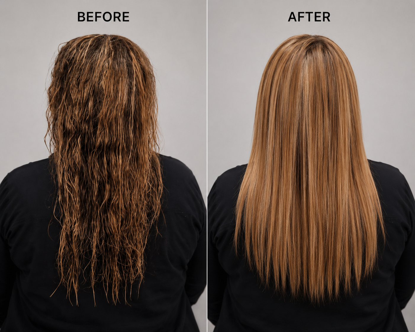 OSKA SOS BOND REPAIR Before and after comparison of a person's long brown hair, showing frizzy, dry-looking hair on the left and smooth, shiny, straight hair on the right, against a plain light gray background.