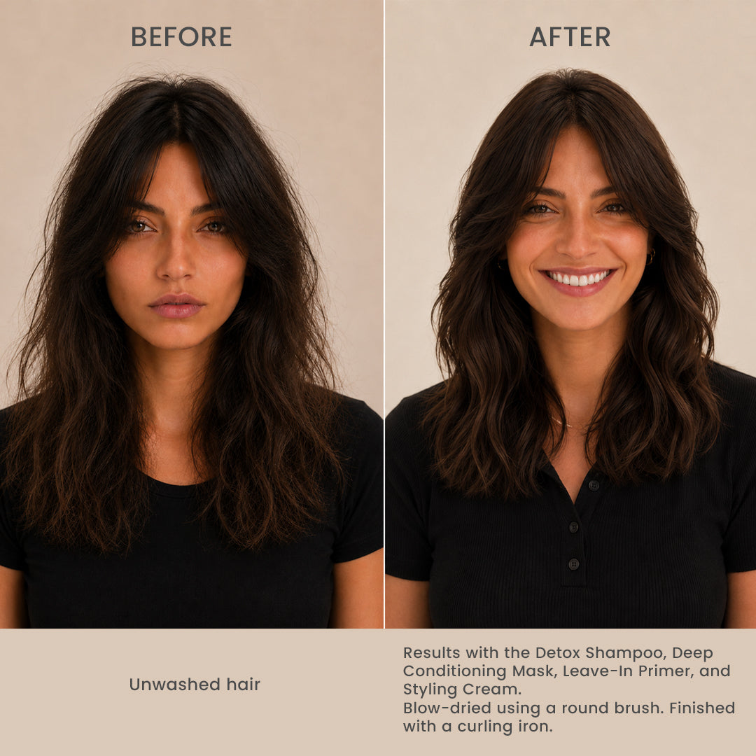 Before and after comparison of hair styling with text describing the process.
