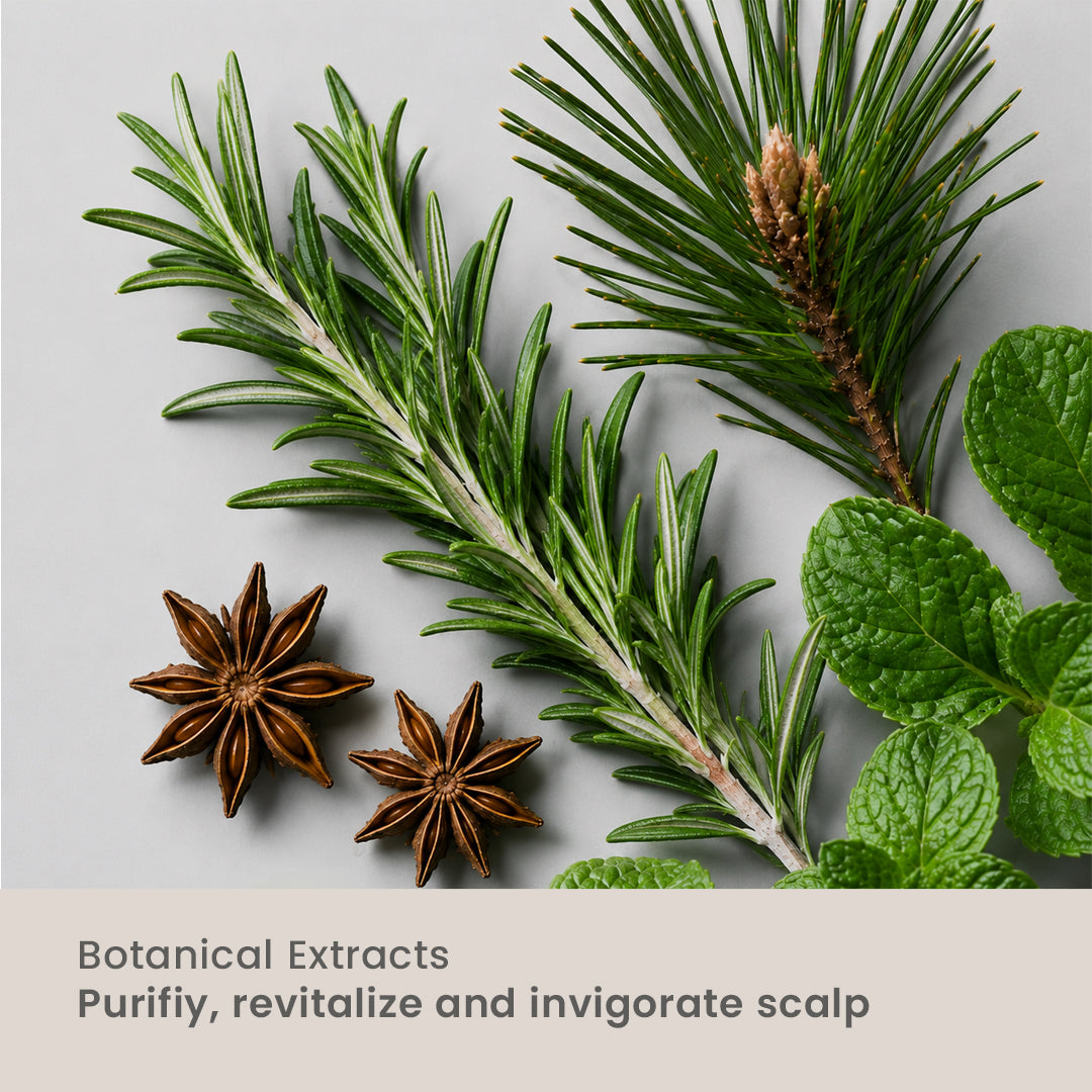 Herbal ingredients including rosemary, pine needles, and star anise on a light gray background.