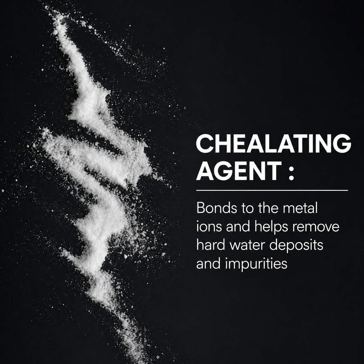 Black and white powder dispersing with text about chealating agent on a black background